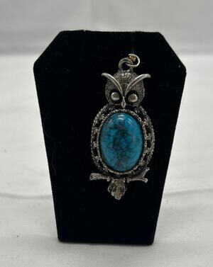 1970s Sterling Silver Owl Pendant Southwestern Turquoise Statement Vintage Bird